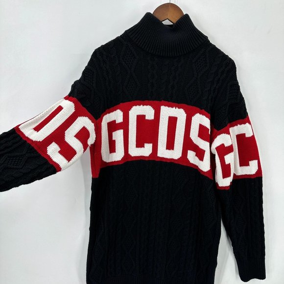 GCDS Sweater Mens Knit Oversized Mock Neck Logo Wool Blend Black Red White XS - Picture 5 of 13